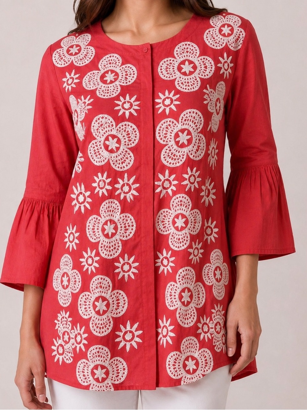 Almatrichi NEW Embroidered Floral Coral Blouse Jacket Bohemian Indie Artsy Sz 8